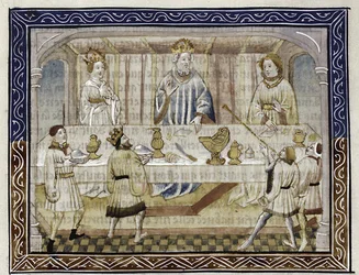 Caesar Augustus, hans hustru och son vid bordet Från: Jean Hayton, Flower of the storys from the land of the Orient, c.1410