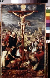 Golgata (Golgata). Bön kring den korsfäste Kristus med staden Jerusalem i bakgrunden. Inskriptionen ""I.N.R.I."" (INRI) på korset och ovanför den Helige Andes duva. Bland karaktärerna representerade kring Jesus Kristus: Jungfru Maria, helgon