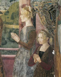 Italien, regionen Piemonte, provinsen Alessandria, Serralunga di Crea, Sacro Monte di Crea, Santa Maria Assunta-helgedomen, Sankt Margareta av Antiochias kapell, fresker föreställande Paleologo och Bernarda di Bosse
