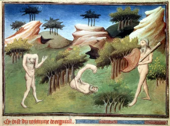 Monster från merkiterna land beskrivna av Marco Polo. Miniatyr ur "Underverkens bok" ("Beskrivningen av världen", "Il Milione") av Marco Polo (1254-1324), illustrerad av Mästaren från Egerton