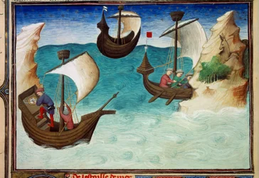 Navigatörer i Indiska oceanen orienterade med stjärnor och astrolabium. Miniatyr i "" The Book of Wonders of the World", Ms. 2810, folio 188v belyst av Mästaren av Egerton, skriven John (Jehan) de Mandeville (1300? 1382). Omkring 1410-1412. BN, Paris