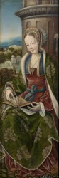 Barbe la grande martyre - Triptyk av den heliga familjen med musik som gör änglar. Höger panel: Saint Barbara par Master of Frankfurt (1460-ca. 1533), ca 1510-1520 - Olja på trä, 79x27 - Museo del Prado, Madrid