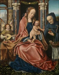 Triptyk av den heliga familjen med musik som gör änglar. Centralpanel, ca 1510-1520