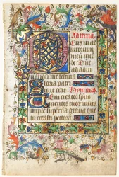 Blad från en timbok: Dekorerad initial D[eus] med bladad kant..., 1430-talet.