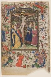Blad från en timbok: Korsfästelsen, 1430-talet.