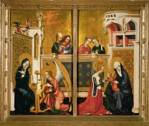 Litet altare med två paneler. Till vänster: Bebådelsen (olja på trä)