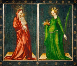 Två yttre paneler av ett altare, till vänster Madonna, till höger Sankta Dorothea (målning på ek)
