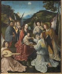 Helig familj med änglar och heliga Katarina och Barbara Triptyk, centralpanel, 1500-talet.