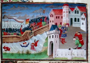 Stridsscen och halshuggning. Illustration av romanen "The Decameron"" av Giovanni Boccaccio (Jean Boccace