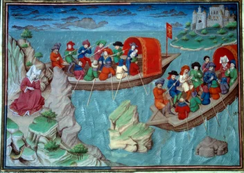 Fredrik II (1194-1250) från det heliga riket lämnade Sicilien med sin miniatyrsvit hämtad från ett manuskript på franska från "Decameron"" av Giovanni Boccaccio dit Jean Boccaccio (1313-1375), italiensk författare, upplyst av mästaren på Mansel. 1450. Par