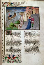 Avgångssidan hämtad från ett manuskript på franska från "Decameron"" av Giovanni Boccaccio dit Jean Boccaccio (1313-1375), italiensk författare, upplyst av Mästaren av Mansel. 1450. Paris, Arsenals bibliotek
