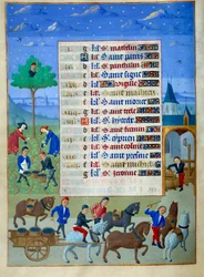 Druvskörd och transportsida av upplyst manuskript från "Book of Hours of the Duchess of Burgundy, Adelaide of Savoy" av Mästaren av Adelaide av Savoyen (1400-talet) och Mästaren av Jean Rolin (1400-talet)