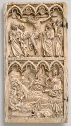 Blad från en diptyk med korsfästelsen och födseln, tyska, ca. 1375-1400.