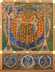 dammen och Eva. Detalj av det målade trätaket i St. Michaels Church, Hildesheim, ca 1230