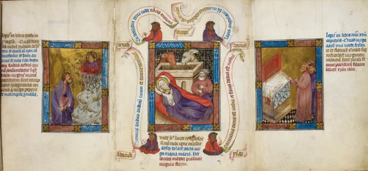 Tre scener som skildrar "Födelsekyrkan", "Moses och den brinnande busken" och "Arons stavs knoppning", illustration från "Biblia Pauperum"