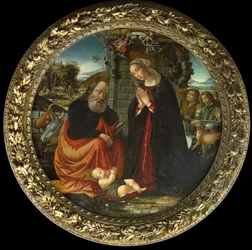 Födseln, med Maria och Josef på väg till Betlehem, bebådelsen till herdarna och herdarnas ankomst (olja på panel)