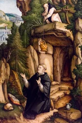 Sankt Benedictus som bedjande eremit, ca 1540 (Tempera och olja på trä (basswood))