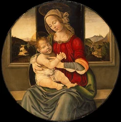 Madonna med barn, ett landskap bortom (olja på pannå)