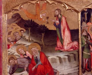 Kristus i olivernas trädgård, en ängel håller nattvarden, av Mästaren av Rubio (1300-talet), predella av altartavlan från kyrkan Santa Maria, Rubio, målning på trä.