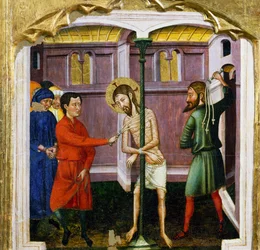 Flagellationen, av Mästaren av Rubio (1300-talet), predella av altartavlan från kyrkan Santa Maria, Rubio, målning på trä.