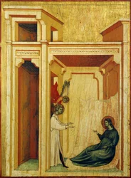 Ängelkrönande Valeriana med rosor och liljor, detalj från altartavlan föreställande Legend of Saint Cecilia, cirka 1304, av Master of Saint Cecilia (aktiv tidigt 1300-tal), tempera på panel och bladguld stämplat, 85x181 cm