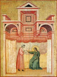 Cecilia övertalar sin man Valeriana till dop, detalj från altartavlan föreställande legenden om helgonet Cecilia, cirka 1304, av Mästaren av Saint Cecilia (aktiv tidigt 1300-tal), tempera på panel och bladguld stämplat, 85x181 cm