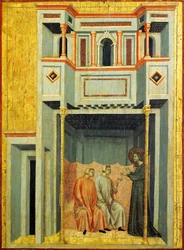 Sankta Cecilia och Valeriana konverterar Tiburcio, detalj från altartavlan föreställande Legenden om Sankta Cecilia, cirka 1304, av Mästaren av Sankta Cecilia (aktiv tidigt 1300-tal), tempera på panel och bladguld stämplat, 85x181 cm