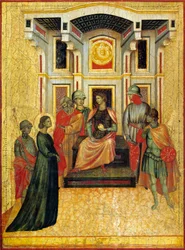 Saint Cecilia kontrasterar trosfrågor med prefekten, detalj från altartavlan föreställande Legend of Saint Cecilia, cirka 1304, av Master of Saint Cecilia (aktiv tidigt 1300-tal), tempera på panel och bladguld stämplat, 85x181 cm