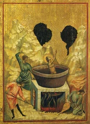 Sankta Cecilia i bad med kokande vatten, detalj av altartavlan som visar berättelser om Sankta Cecilia, ca 1304, mästaren av Sankta Cecilia (aktiv tidigt 1300-tal), tempera på panel och stämplat bladguld, 85x181 cm