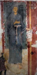 Representation av Saint Francois av Assisi (1181-1226) Detta är förvisso den första representationen av helgonet som avrättades medan han levde, representerande utan stigma och utan aureol. Han håller ett papper eller är skriven på latin "" Pax huic Domui"
