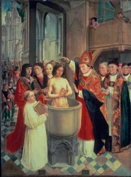 Dopet av Clovis I, i Reims av Saint Remi den 25/12/496 (eller 499), ca. 1490-1510 (olja på panel)