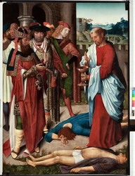 Avsnitt av Saint John evangelists liv: "The miracle of the cup of poison" (Life of St John evangelist, St John drinks a cup of poison) Målning av mästaren på San Giovanni evangelista (Saint John Evangelist) (slutet av 15th århundradet) Mått 120x90 cm Gen