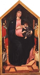 Madonna och barn med heliga (tempera på panel)