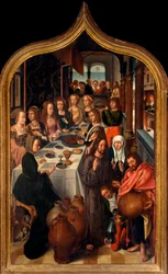 Tryptic: "The wedding of Cana"" Målning av mästaren i San Lorenzo. Socken San Lorenzo della Costa, Santa Margherita Ligure (Genua)