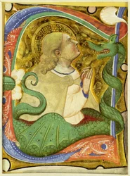Historiserad initial "C" som föreställer St. Margaret