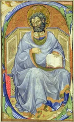 Historiserad initial "S" som föreställer en sittande evangelist.