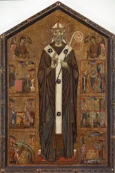 Saint Veranus mellan två änglar och sex berättelser om hans legend, sent 1200-tal