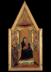Jungfrun i majestät mellan Sankt Paulus, Sankt Peter och fyra änglars altartavla av mästaren av Santa Maria (1300-talet). Mått 0,28 x 0,58 m. Avignon, Musee du Petro Palais