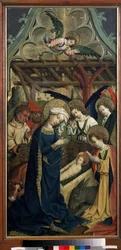 ""Födelsekyrkan"" (Kröbelsen) Målning på trä av mästaren på slottet Lichtenstein (1400-talet) runt 1440 Pushkin-museet, Moskva