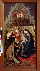 Tillbedjan av Magi. Tillbedjan av Magi. Målning av mästaren på slottet Lichtenstein, österrikisk målare (verksam från 1430 till 1450), omkring 1440. Olja på trä. Pushkin Museum of Fine Arts, Moskva