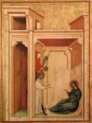 St Cecilia och hennes livs berättelse Detalj: Ängeln kommer med blommor till Valerianus - altartavla, ca 1290-1320