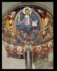 Kristus i Majestät flankerad av serafer och symboler för evangelisterna, apsis fresk från San Climente i Taull (Tahull) Katalonien, ca 1123 (fresk)