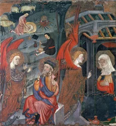 Bebådelsen med herdar som gör ost i bakgrunden, från en altartavla tillägnad Jungfrun, från Tora, Segarra, Lleida (tempera på panel)