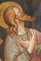 "Jungfruns antagande" och "Jungfru Maria släpper gördeln eller det heliga bältet till St. Thomas", Detalj av en apostel, c.1420 (fresk)