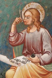 "St Matthew the Evangelist" skriver "När Jesus föddes", c.1420 (fresk) Detalj, c.1420 (fresk)