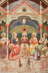 "Pingstdagen", Detalj med bedjande helgon och Jungfru Maria och duvan, ca 1420 (fresk)