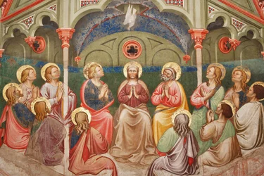 "Pingstdagen", Detalj med bedjande helgon och Jungfru Maria och duvan, ca 1420 (fresk)