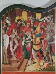 Ecce Homo, överst på den inre högra panelen på en altartavla av passionen