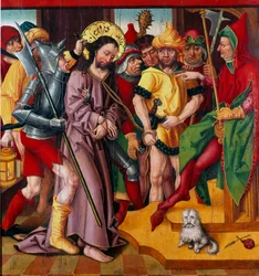 Jesus inför Herodes Antipas. Panel från passionsaltartavlan av Mästaren med Badennejlikan (1400-talet), Dijon, Konstmuseet
