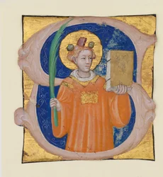 Manuskriptbelysning med Saint Stephen i ett initialt S, från en antifonarium, ca. 1410-20.